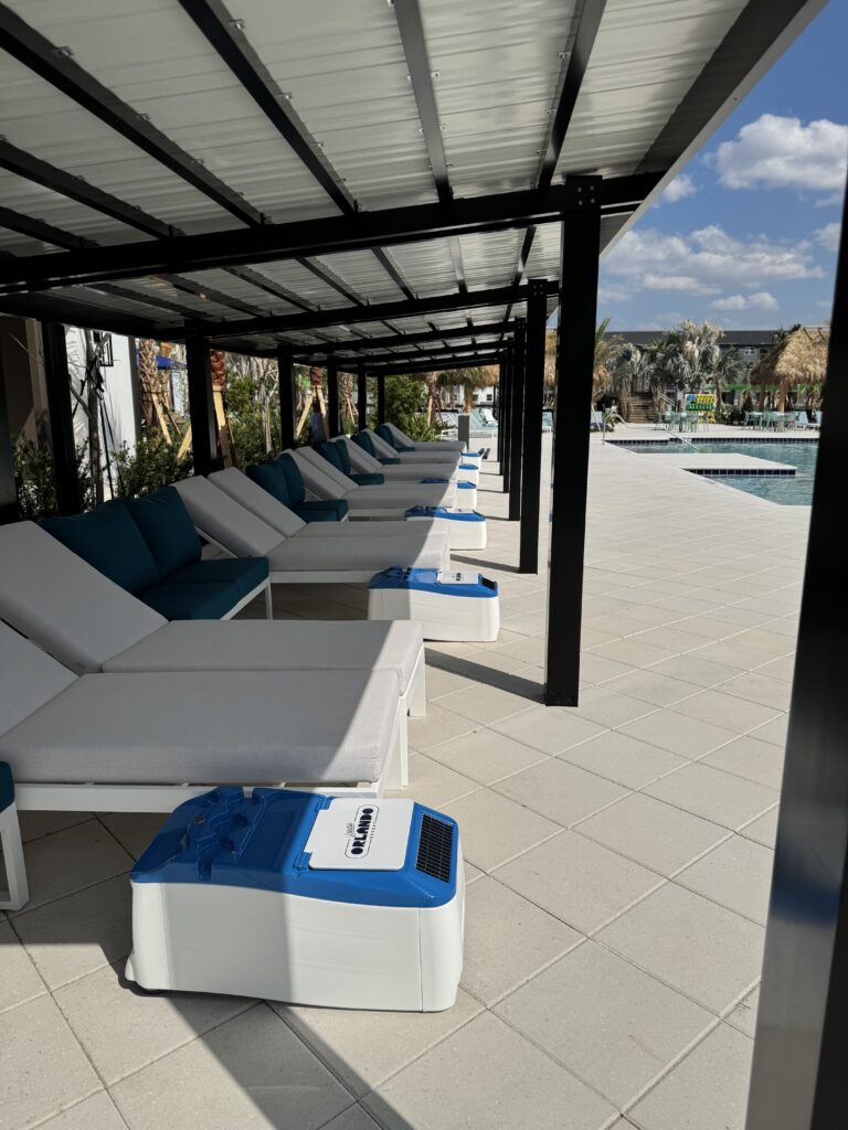 Resort cabana interior with LounGenie commercial hospitality unit installed