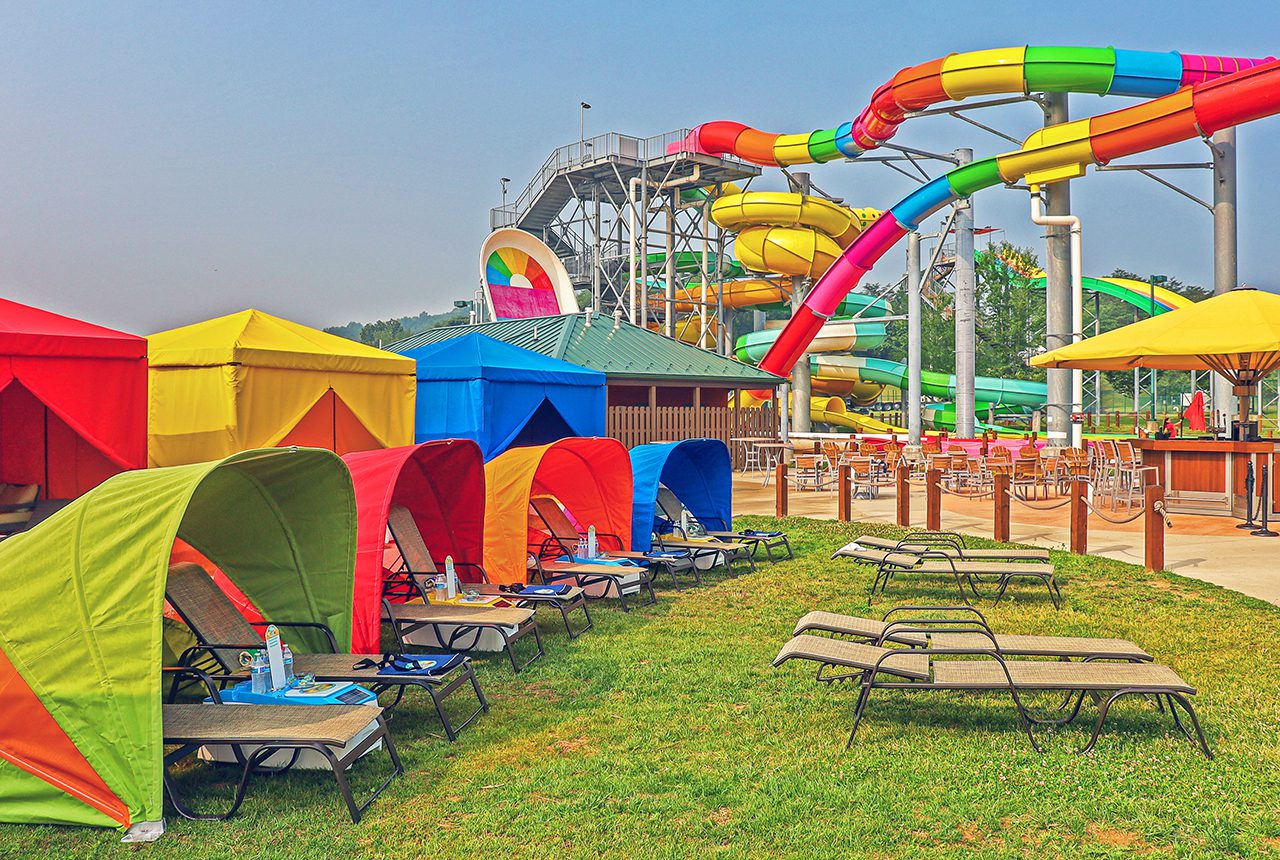 LounGenie waterpark premium seating amenity system installed inside poolside cabana