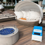 Pool cabana interior with LounGenie smart system — wide angle