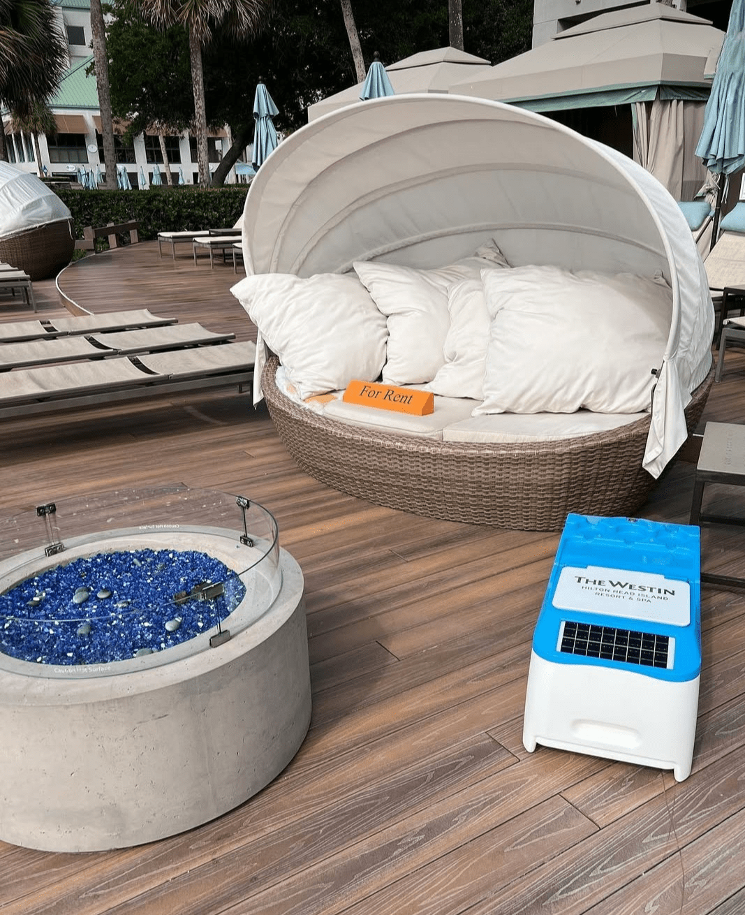 Pool cabana interior with LounGenie smart system — wide angle