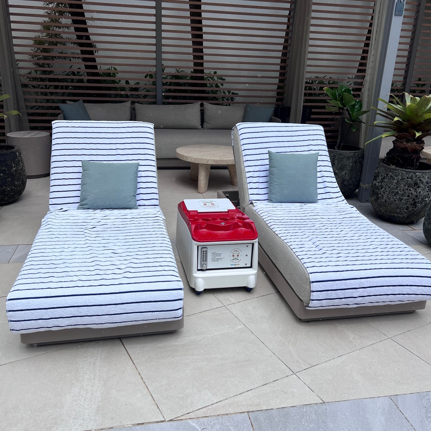 LounGenie amenity unit at beach club daybed seating