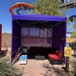 Theme park water area cabana equipped with LounGenie system